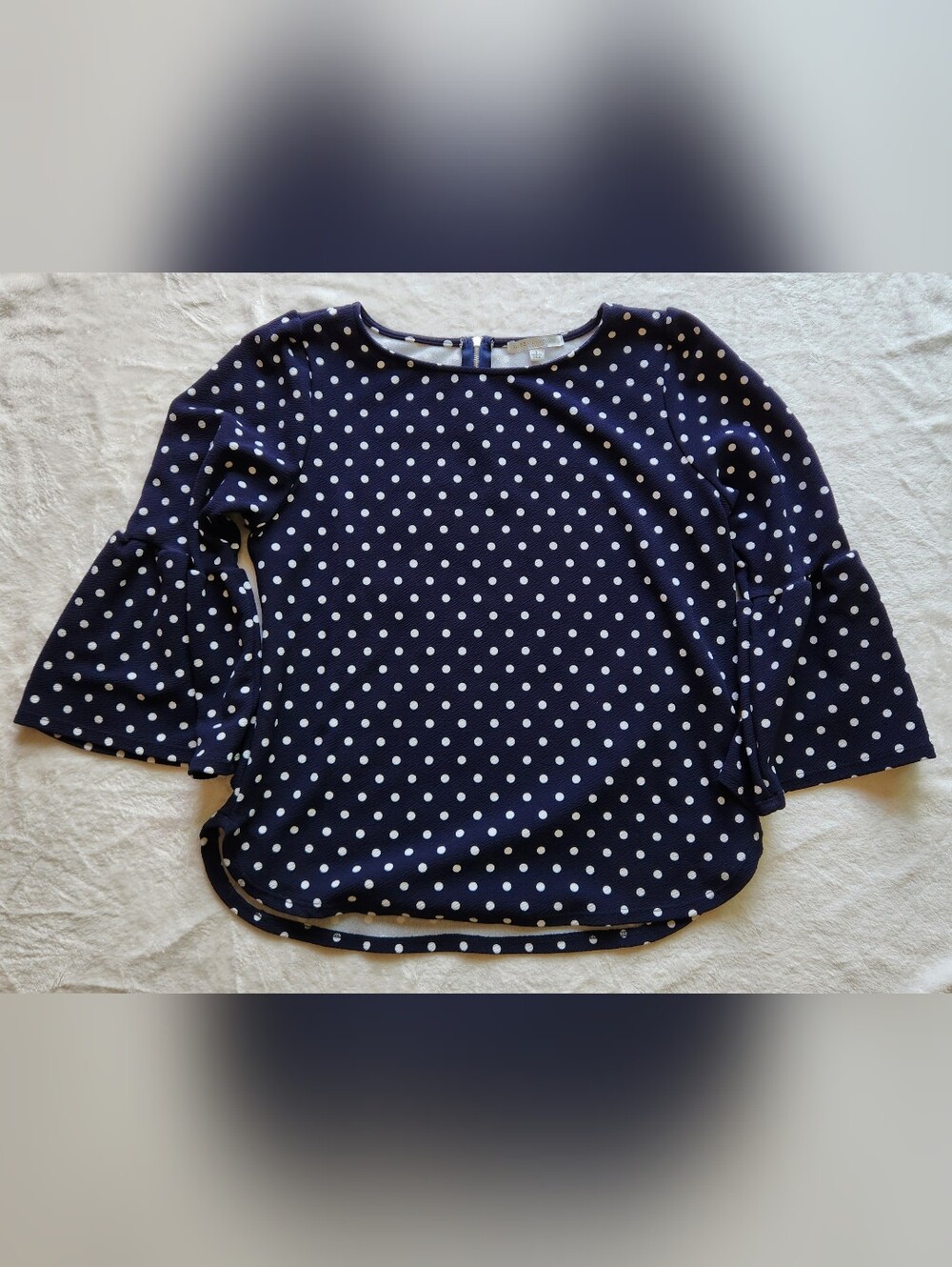 Green Envelope Navy and White Polka Dot Bell-Sleeve Blouse